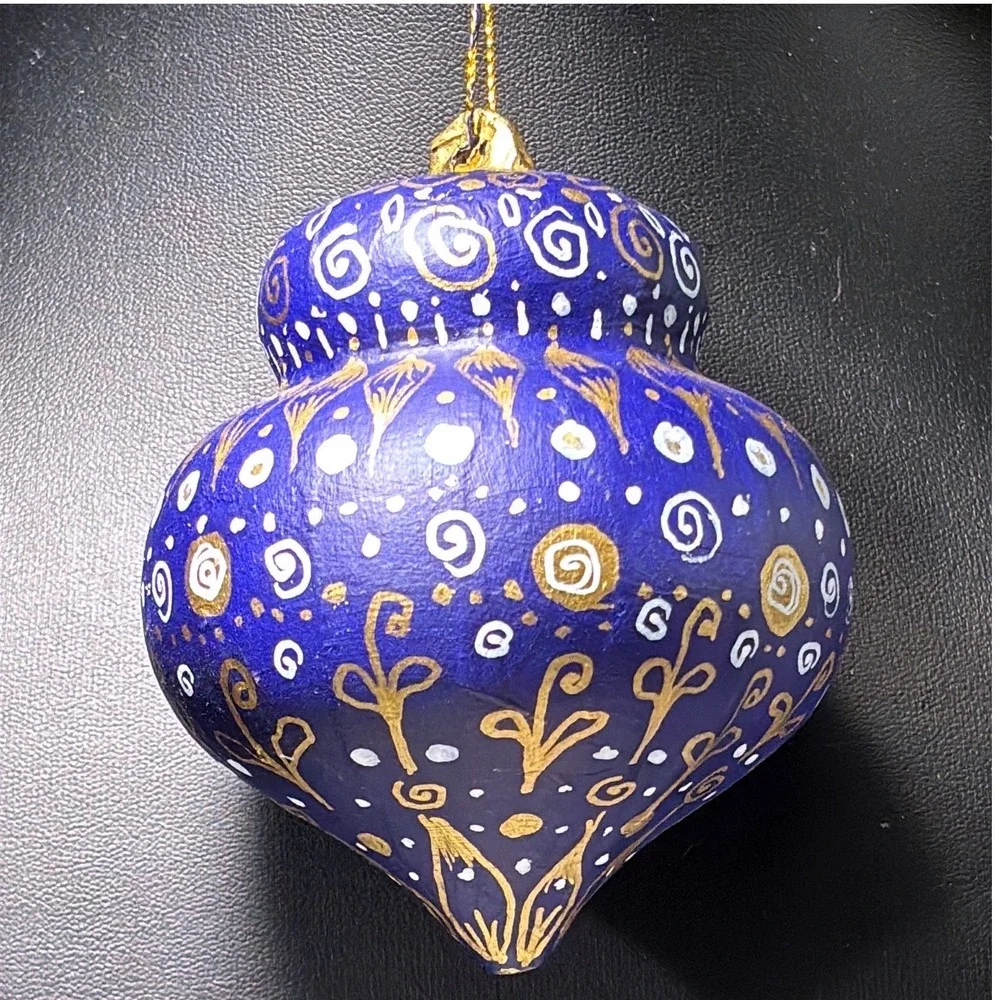 Christmas Ornaments Blue Hand Painted Folk Art Papier Mache Star Finial Set 2